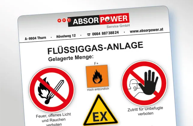 Hinweisaufkleber für eine Flüssiggas-Anlage mit Firmenlogo und Warnzeichen