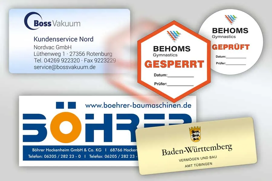 Nicht ablösbare Sicherheitsaufkleber mit Firmenlogo und Anschrift, Prüfaufkleber Gesperrt und Geprüft mit Feldern für Datum und Prüfer