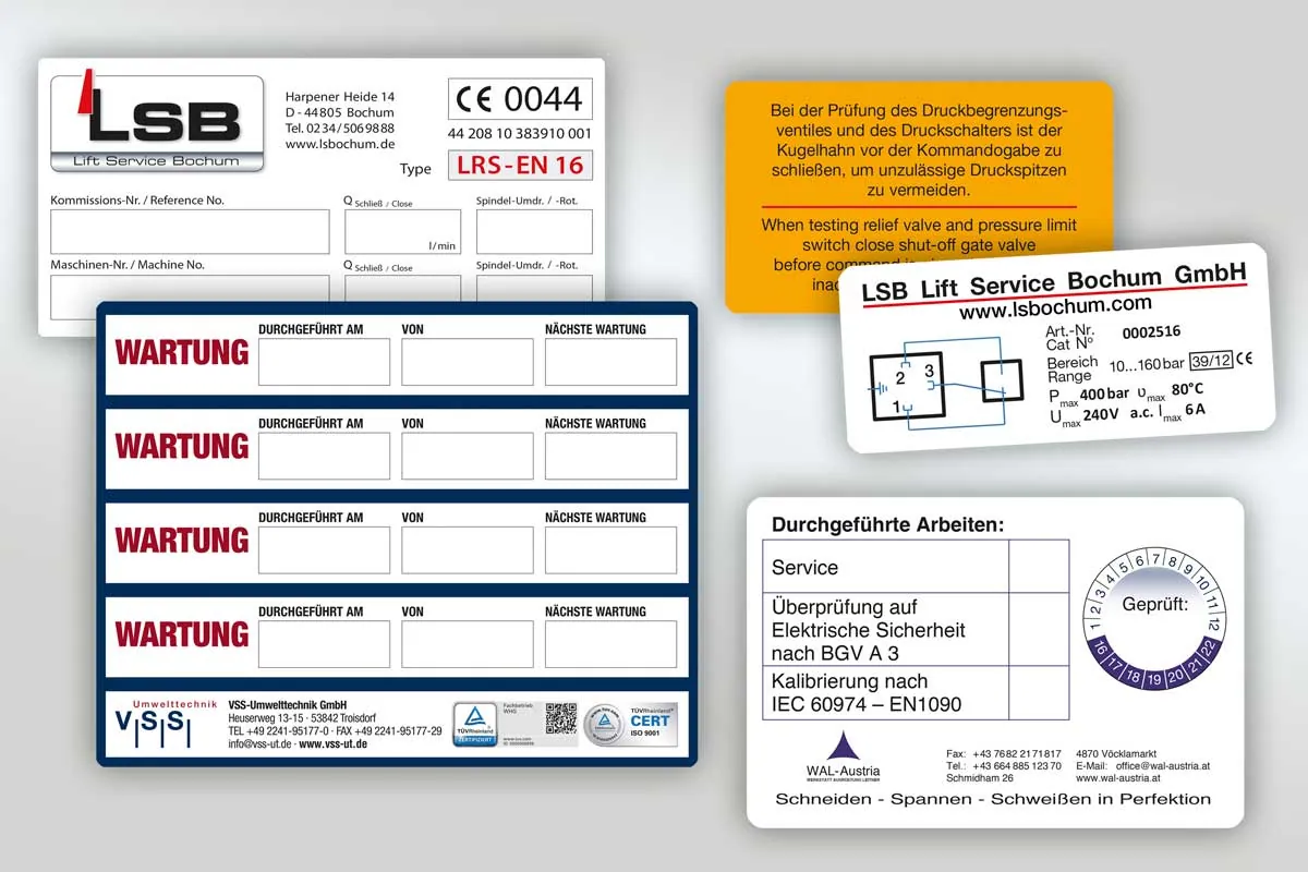 Wartungsaufkleber mit Feldern für Datum und nächste Wartung, Typenschild mit Feldern zum Ausfüllen und Prüfaufkleber mit Monats- und Jahresring