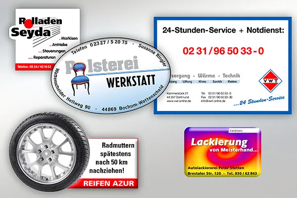 Serviceaufkleber von Handwerksbetrieben mit Logo und Telefonnummer, einer mit dem Hinweis, die Radmuttern nachzuziehen