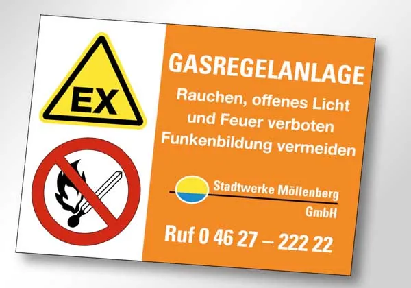 Warnaufkleber Gasregelanlage mit Ex-Zeichen, Verbotszeichen und Logo der Stadtwerke