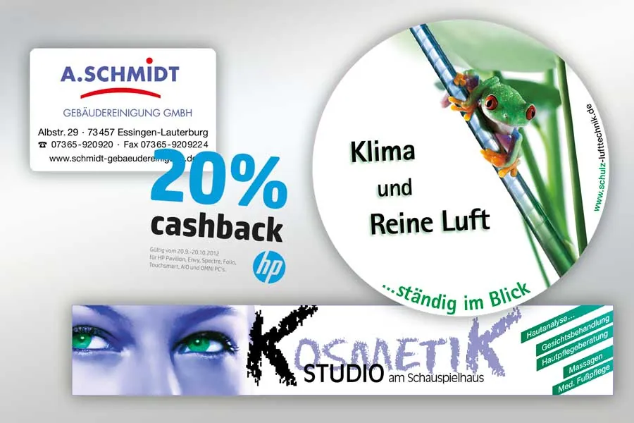 Werbeaufkleber mit Logo und Anschrift, ein runder mit Foto, ein Aktionsaufkleber und ein langer Streifen für ein Kosmetikstudio